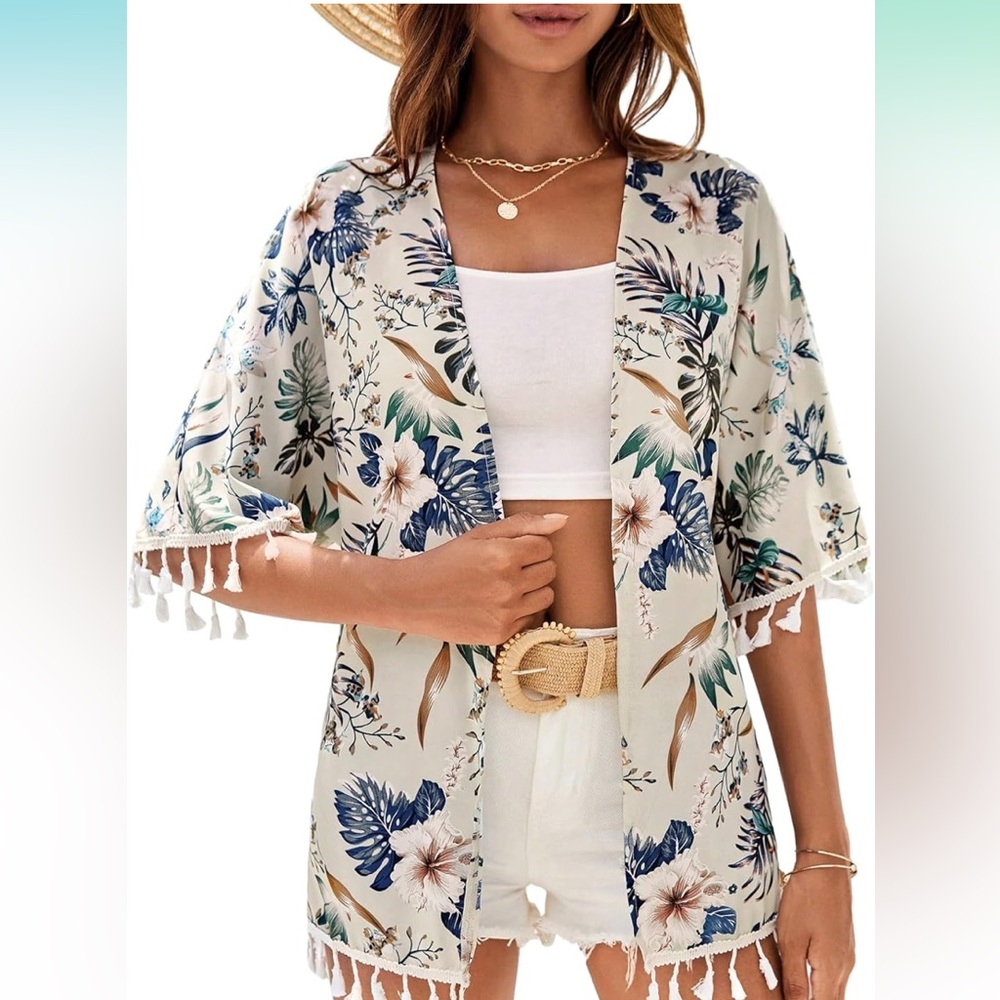 Women's Tropical Print Tassel Trim Kimono Cover Up